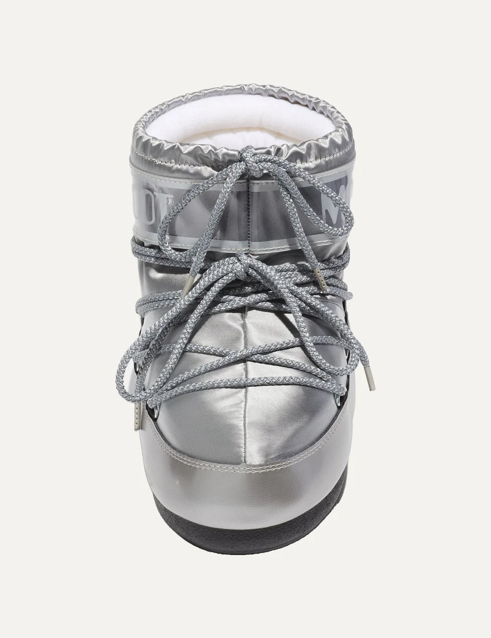 Moon Boot women Icon Low Glance silver satin ankle boots with logo panel and criss-cross laces front view