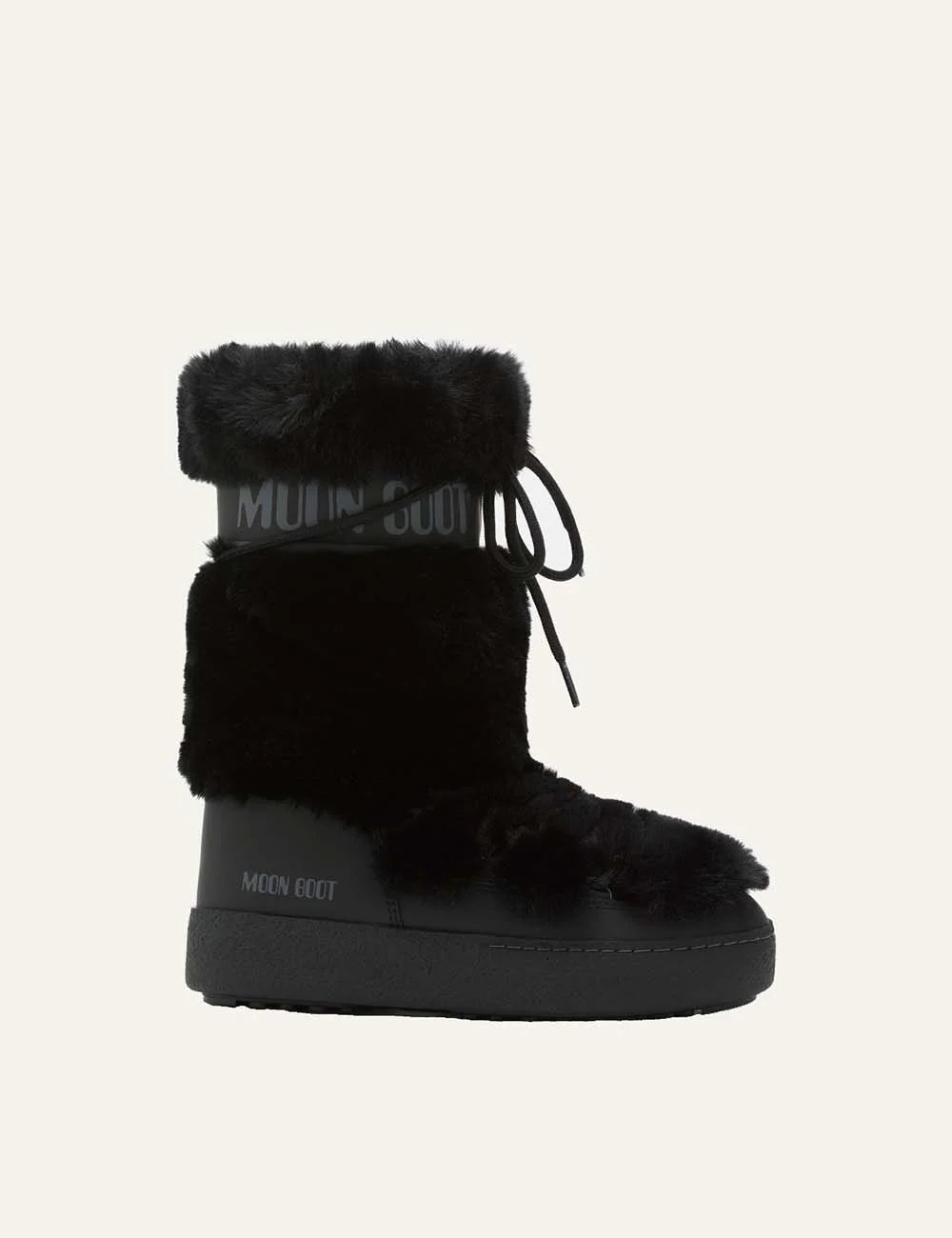 Moon Boot women Ltrack black faux fur high boots with drawstring, logo panel and rubber sole side view