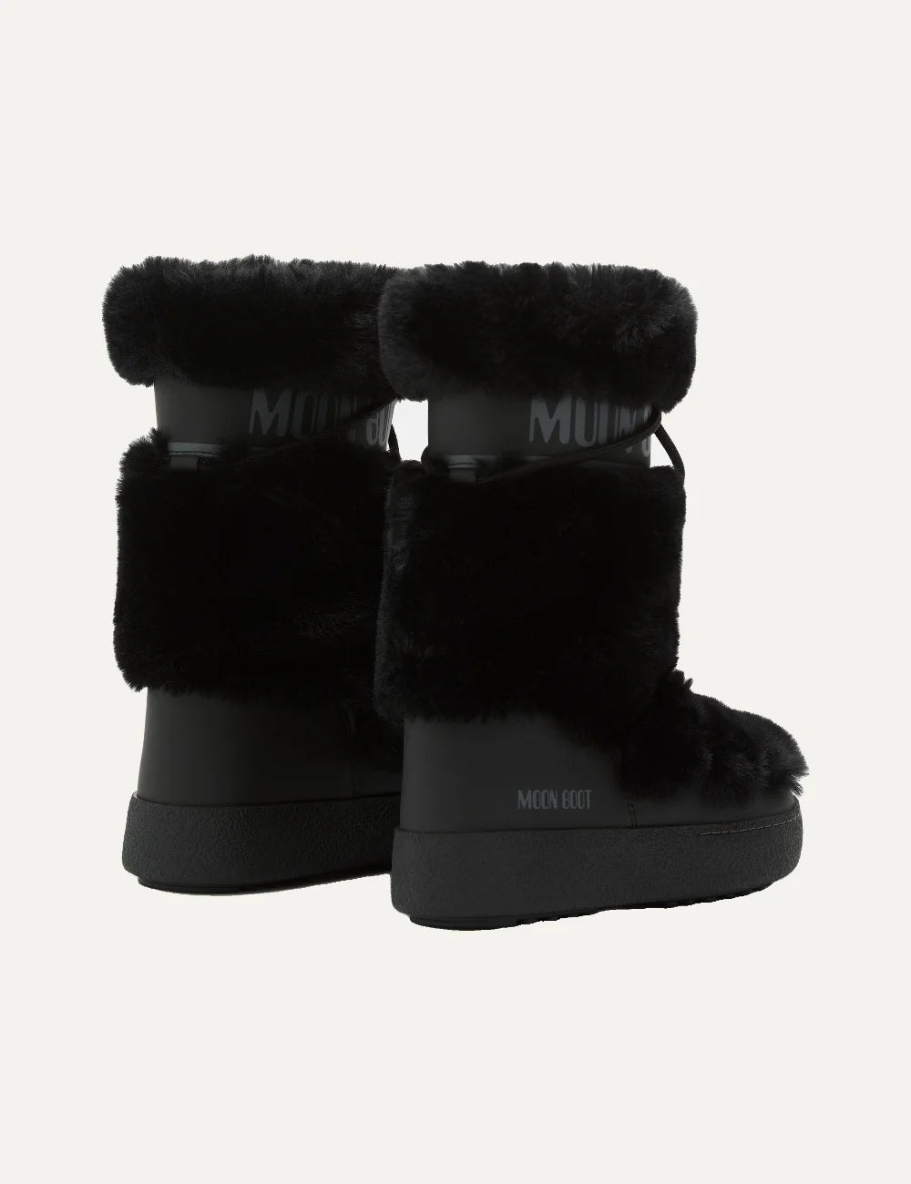 Moon Boot women Ltrack black faux fur high boots with drawstring, logo panel and rubber sole back view