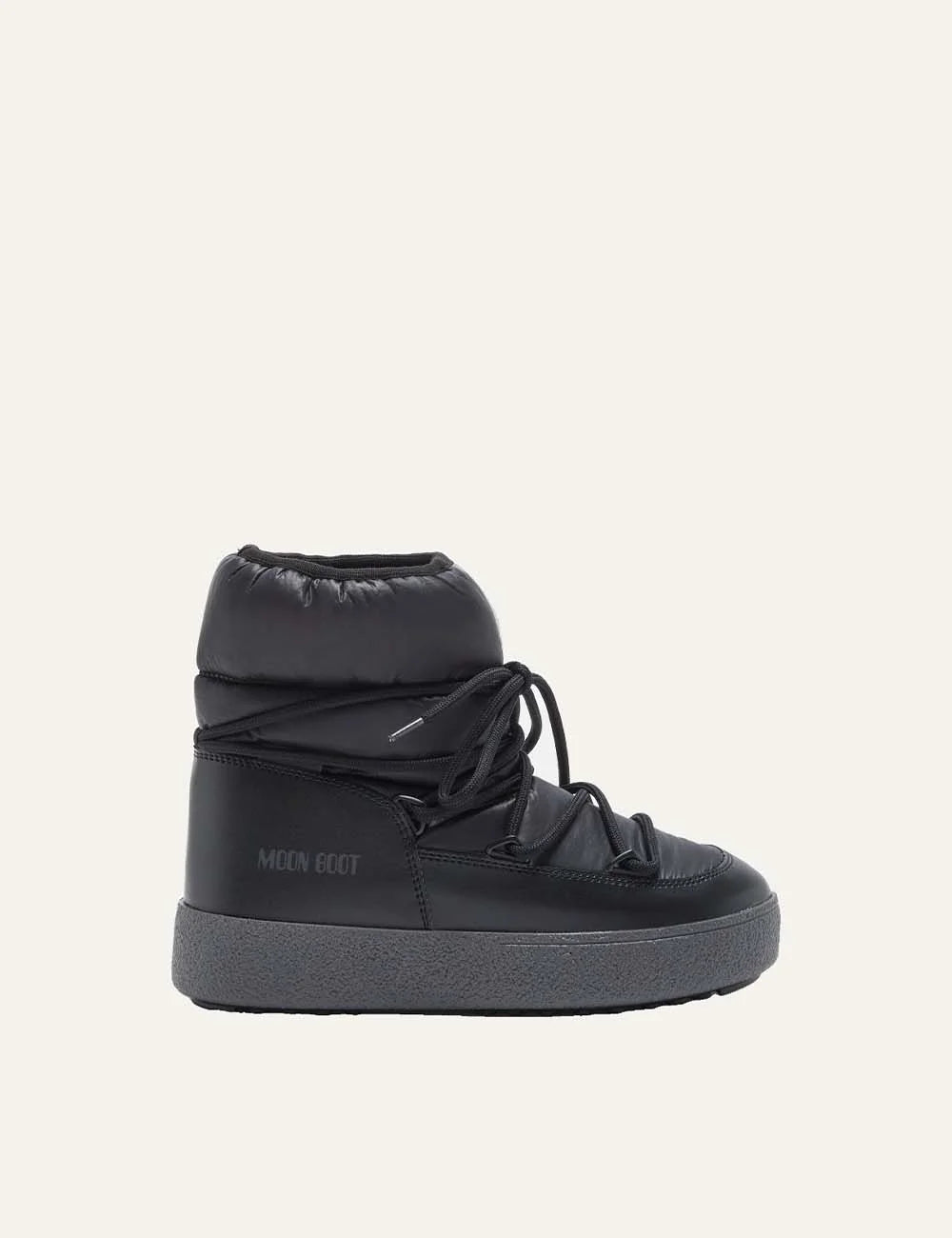 Moon Boot women Ltrack Low black nylon ankle boots with criss-cross laces and chunky rubber sole side view