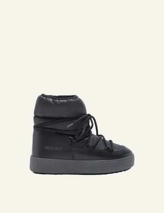 Moon Boot women Ltrack Low black nylon ankle boots with criss-cross laces and chunky rubber sole side view