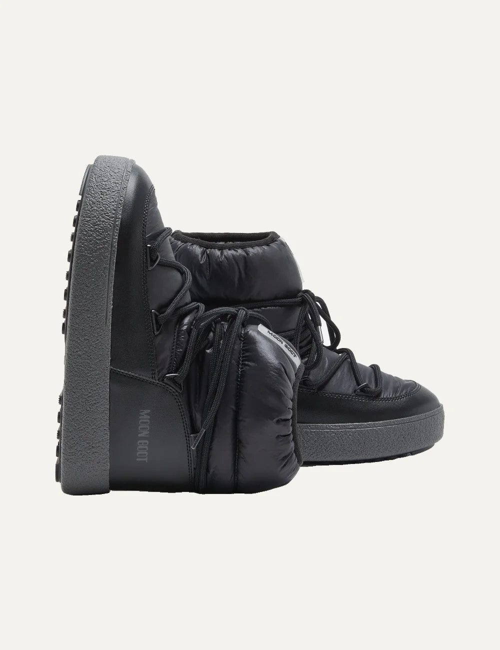 Moon Boot women Ltrack Low black nylon ankle boots with criss-cross laces and chunky rubber sole pair dettails