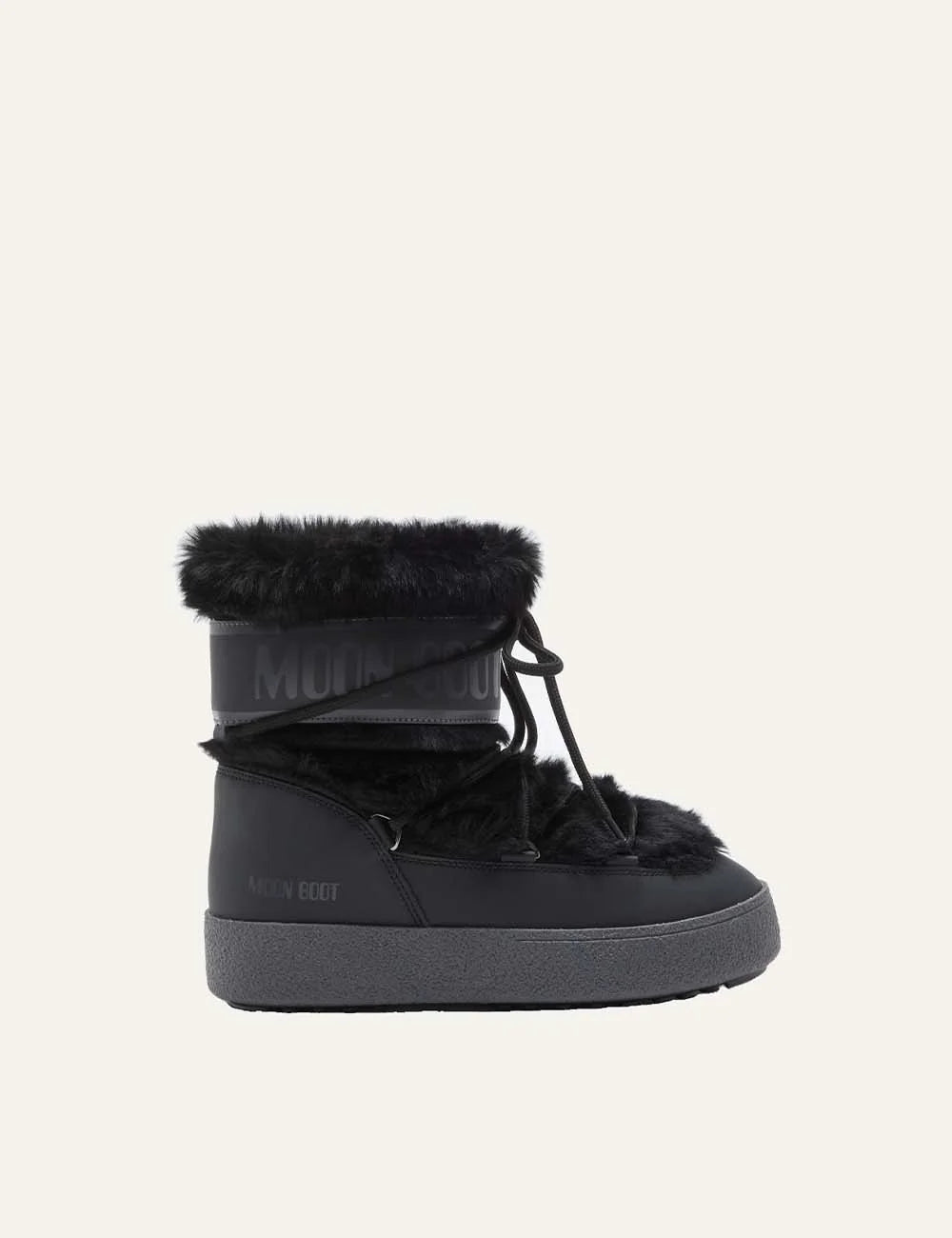 Moon Boot women Ltrack Low black faux fur boots with criss-cross laces and rubber sole side view