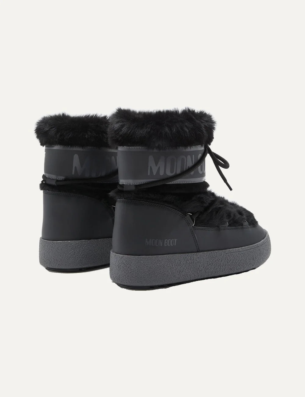 Moon Boot women Ltrack Low black faux fur boots with criss-cross laces and rubber sole back view