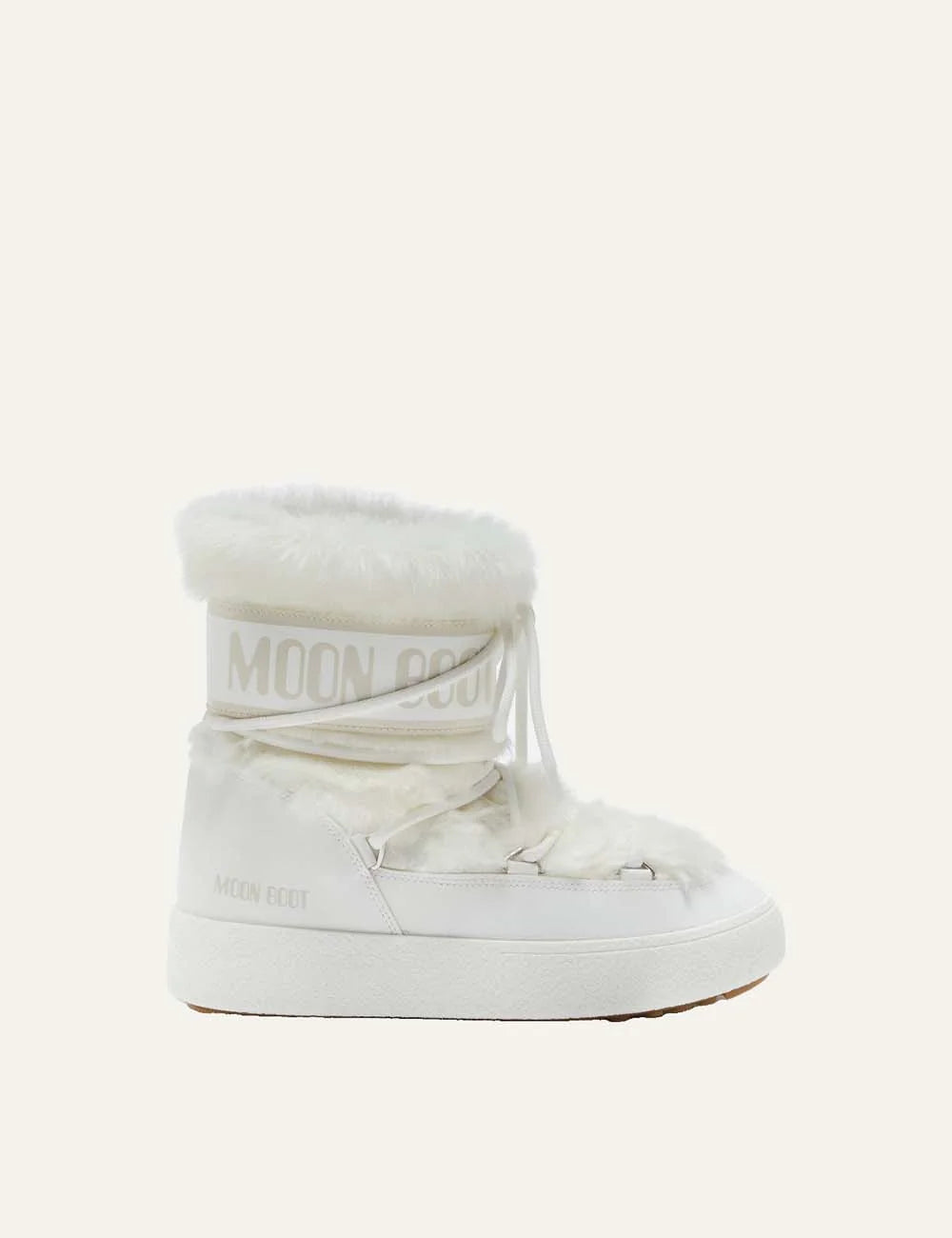 Moon Boot women Ltrack Low white faux fur waterproof boots with criss-cross laces side view