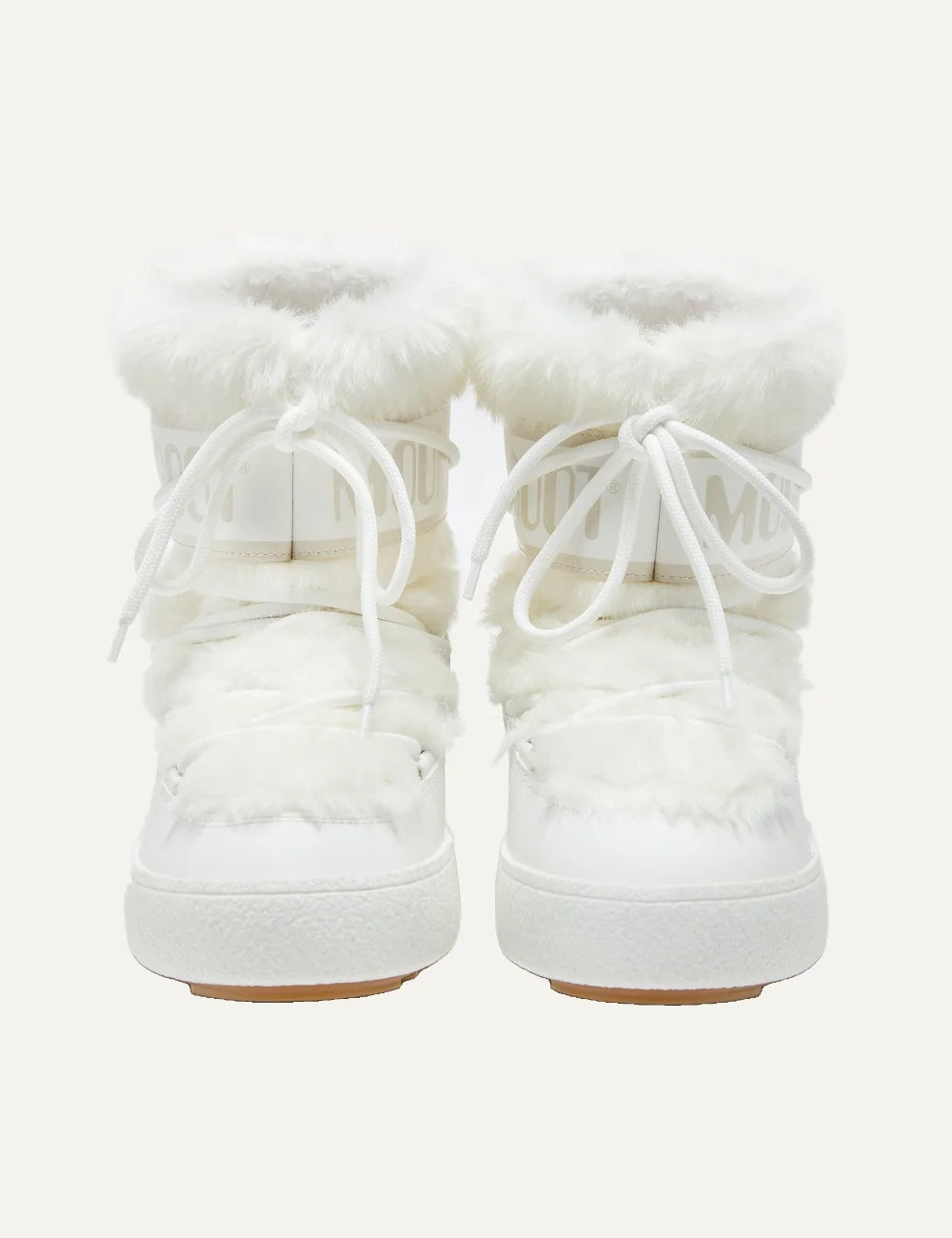 Moon Boot women Ltrack Low white faux fur waterproof boots with criss-cross laces front view