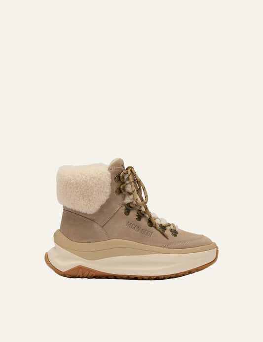 Moon Boot women Moon247 City Shearling Mid beige suede boots with shearling trim and chunky sole side view
