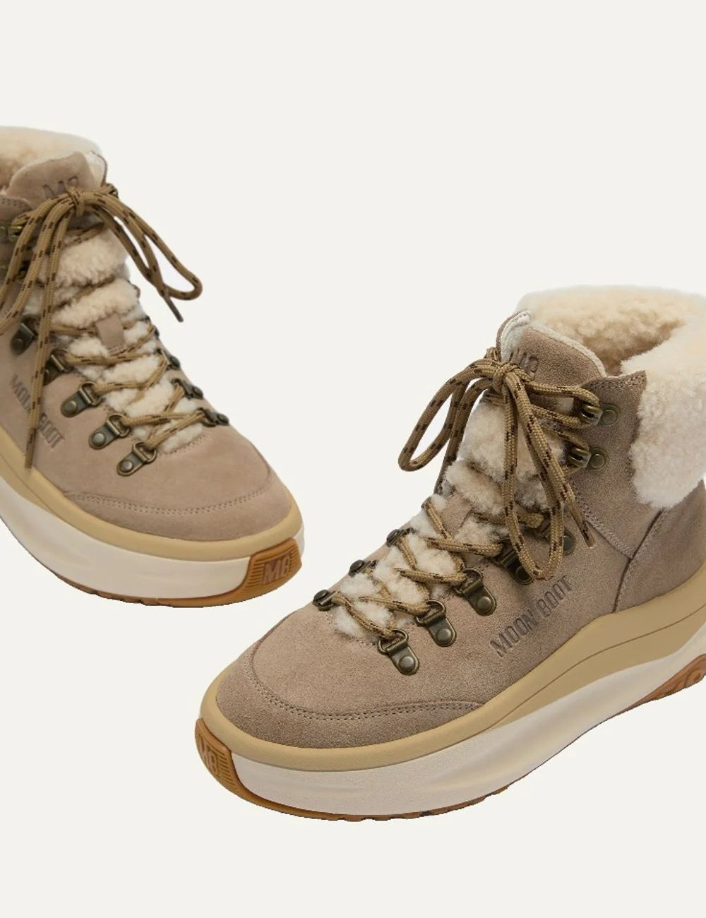 Moon Boot women Moon247 City Shearling Mid beige suede boots with shearling trim and chunky sole front view details