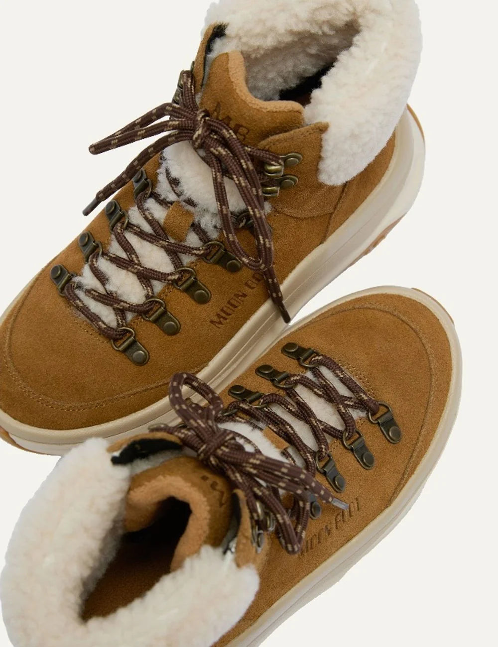 Moon Boot women Moon247 City Shearling Mid brown suede boots with shearling trim and chunky sole top view 