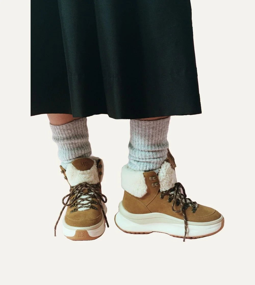 Moon Boot women Moon247 City Shearling Mid brown suede boots with shearling trim and chunky sole on model