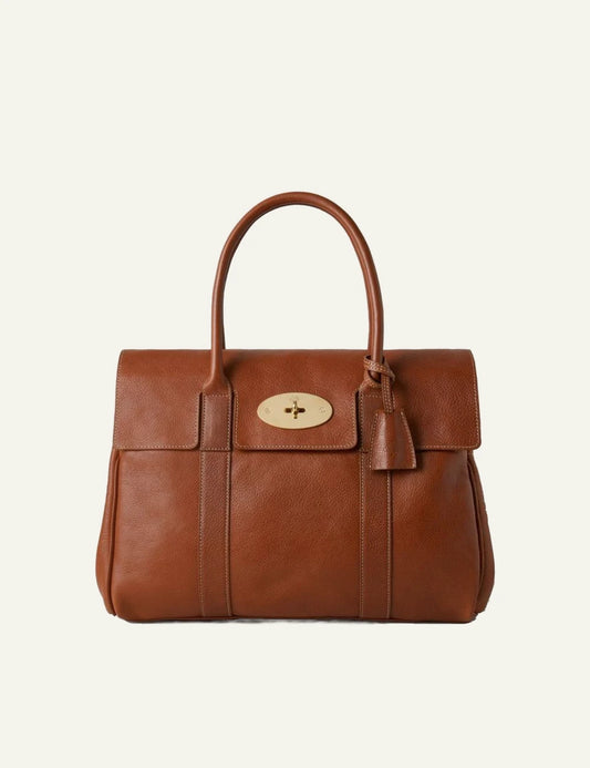 mulberry leather top handle bag signature padlock brass front view