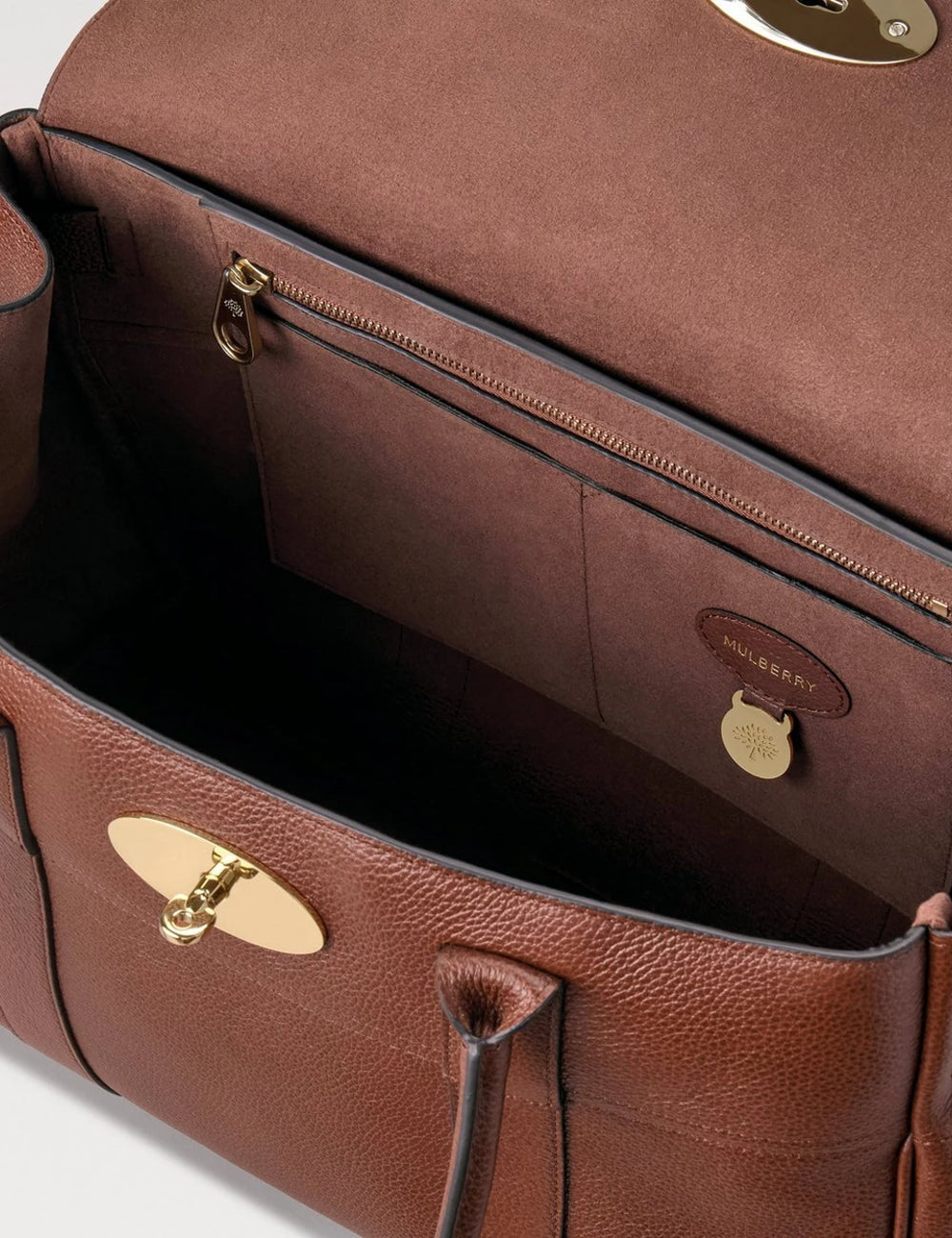 mulberry leather top handle bag postmans lock brass top view