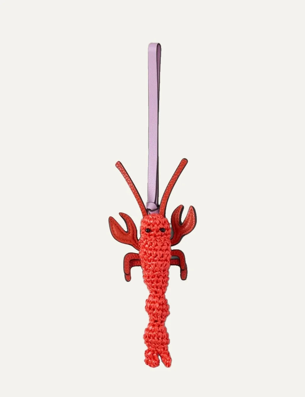 Mulberry British Summer lobster bag charm in coral red with a woven body, leather claws and lilac hanging strap.