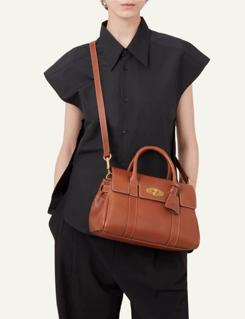 mulberry leather top handle bag postmans lock brass hardware front model