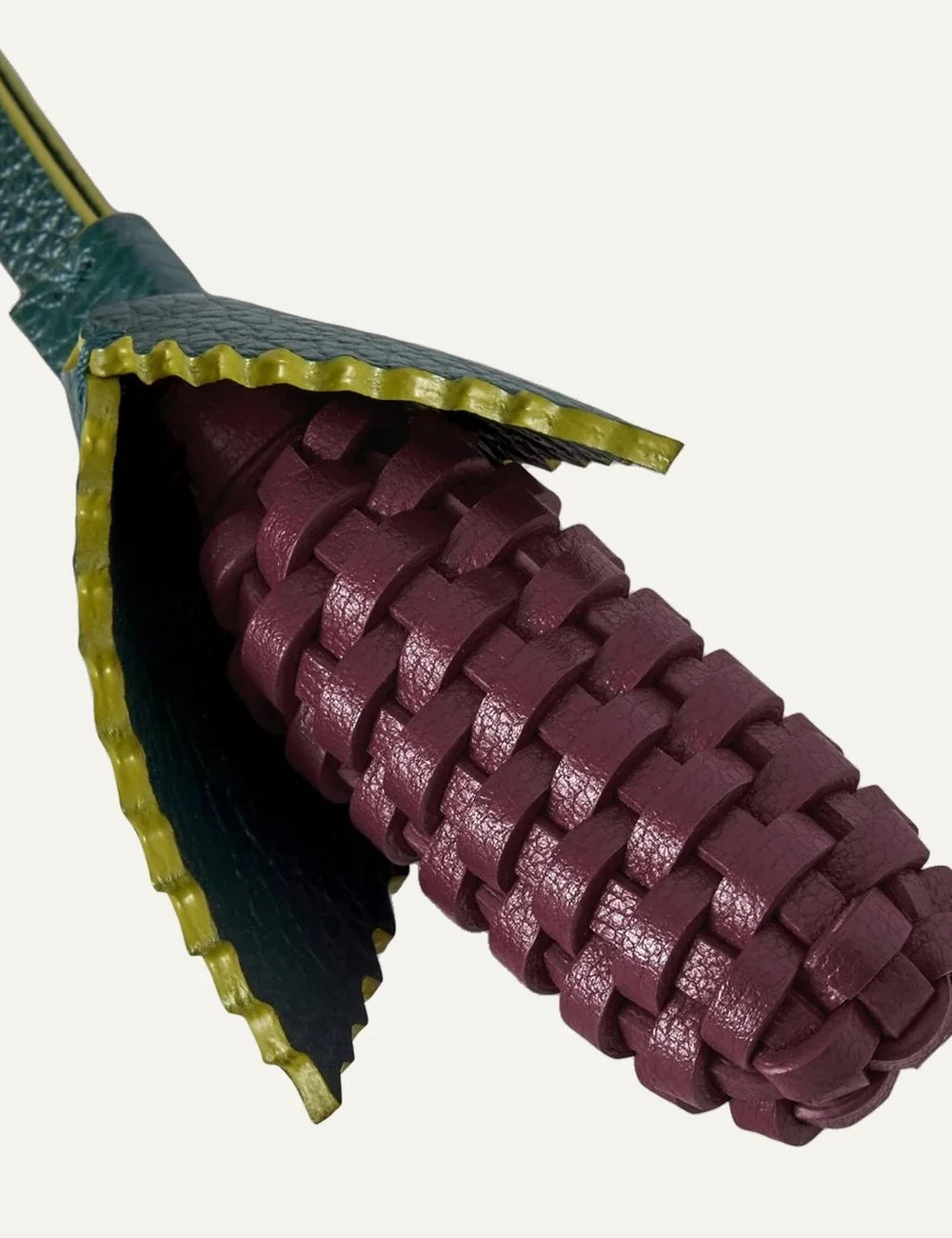 Mulberry multicolour corn-shaped keyring with burgundy woven detailing, green and yellow accents, gold-tone clip and Mulberry Tree medallion detail