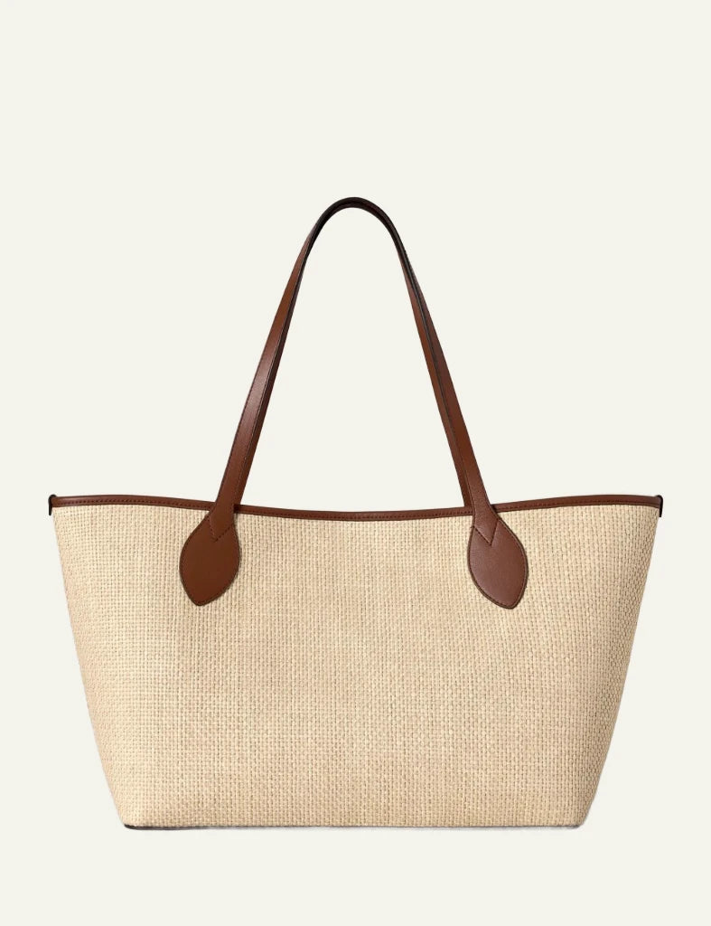 mulberry raffia tote bag leather tree logo back view