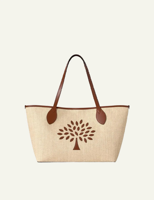 mulberry raffia tote bag leather tree logo front view