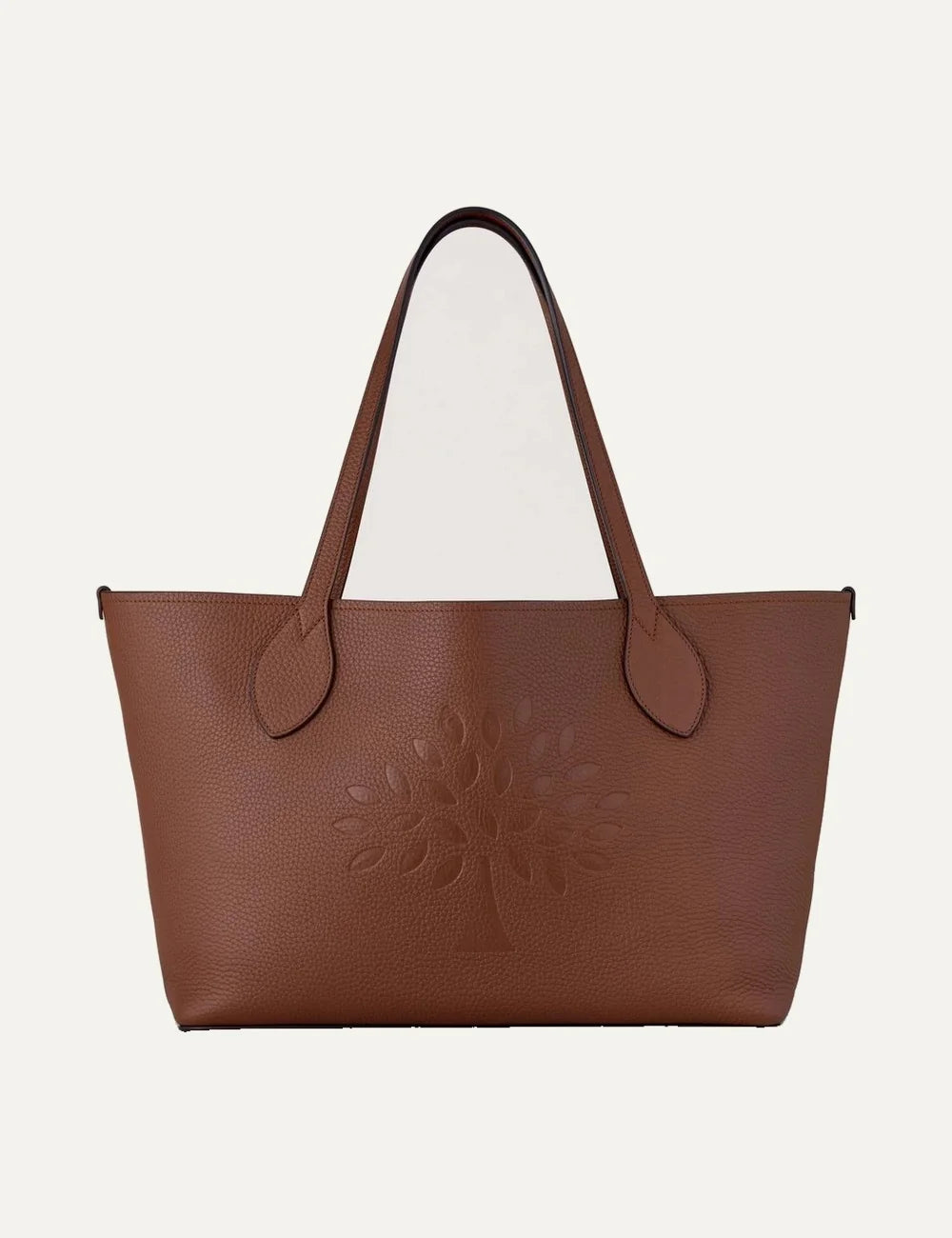 Mulberry women's brown leather Tree tote bag with embossed Mulberry Tree logo, textured finish and two long shoulder handles.