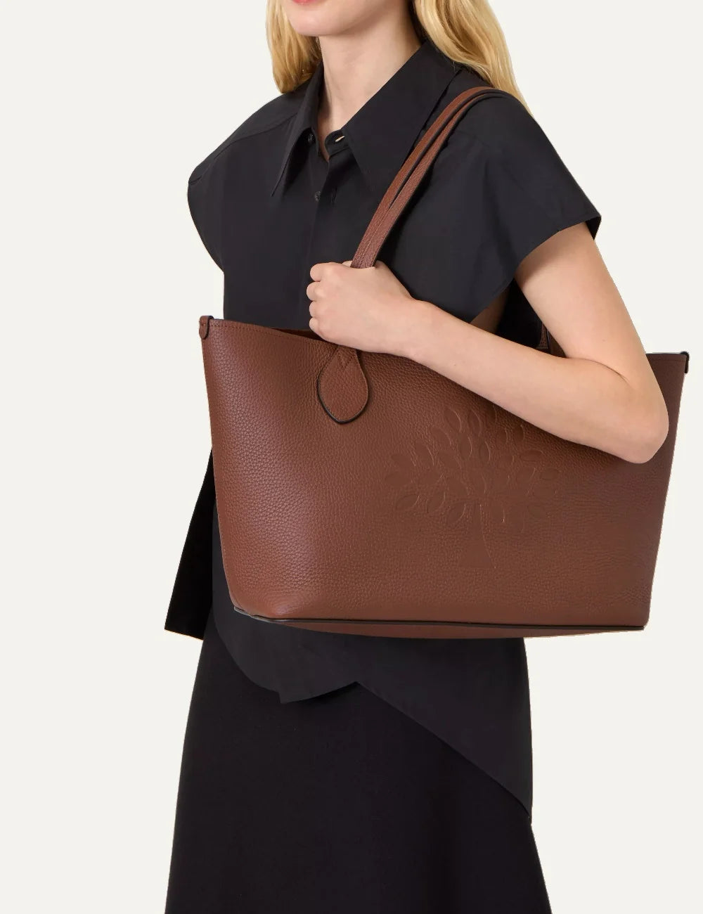 Mulberry women's brown leather Tree tote bag with embossed Mulberry Tree logo, textured finish and two long shoulder handles model