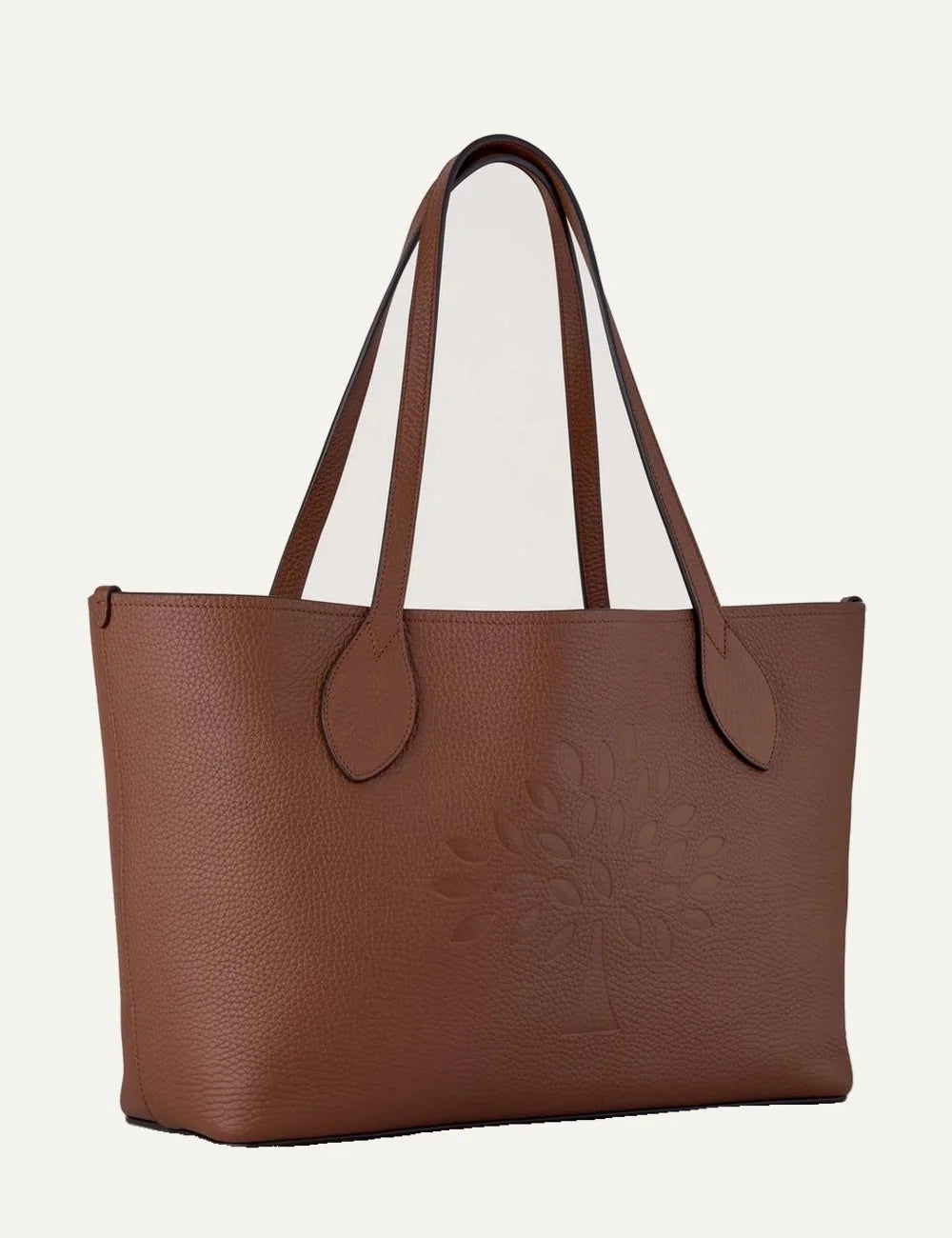 Mulberry women's brown leather Tree tote bag with embossed Mulberry Tree logo, textured finish and two long shoulder handles side