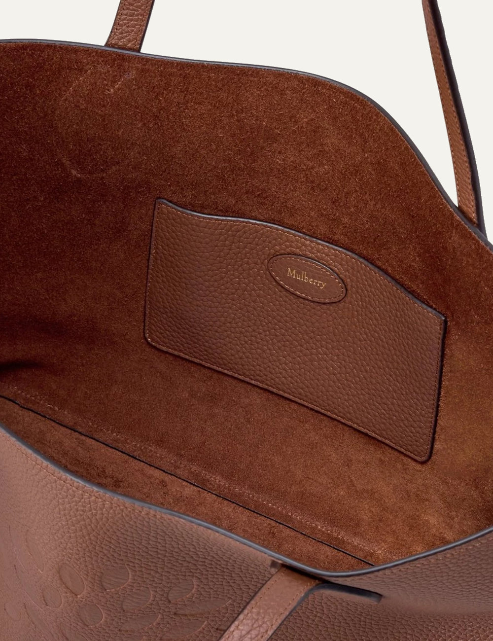 Mulberry women's brown leather Tree tote bag with embossed Mulberry Tree logo, textured finish and two long shoulder handles top