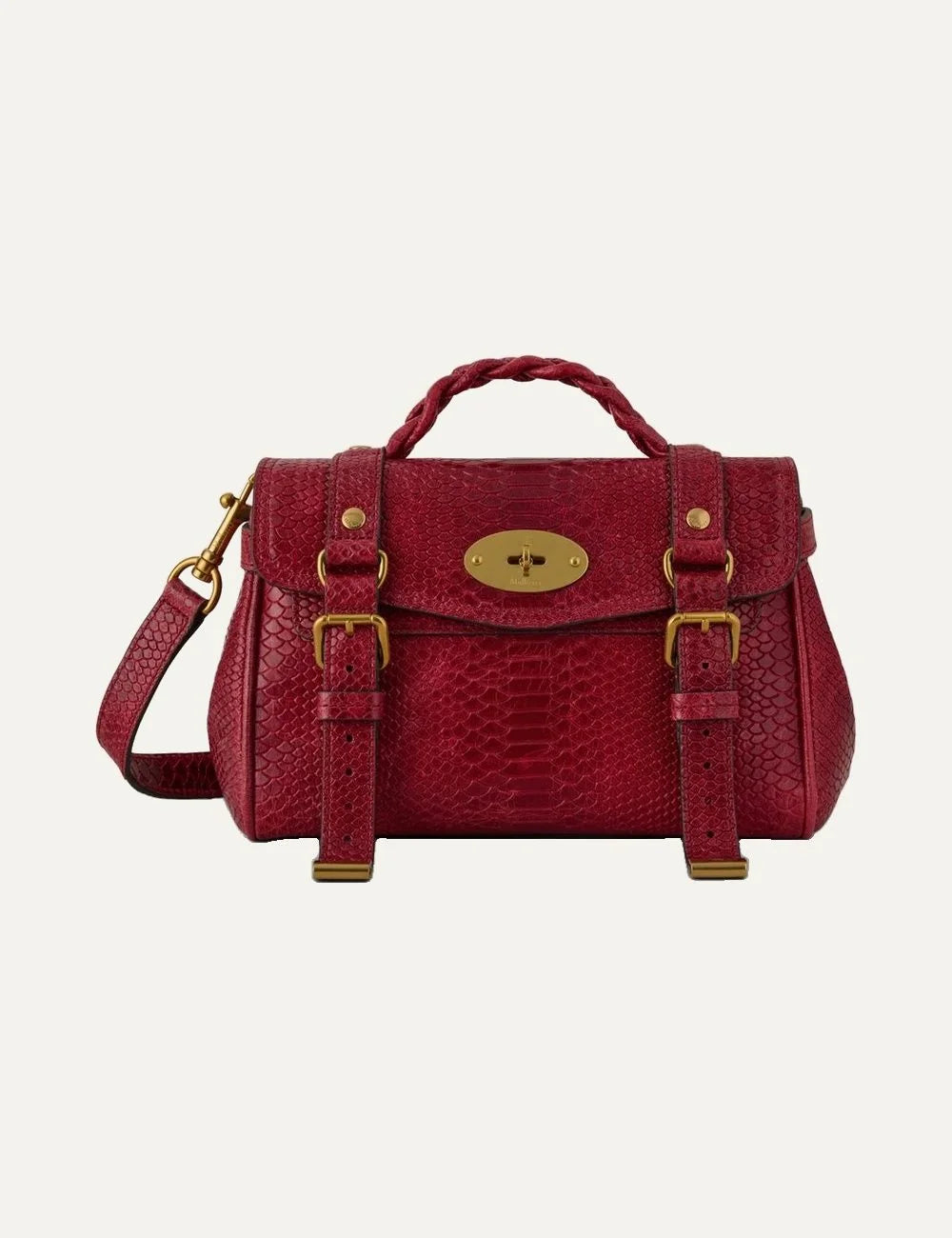 Mulberry women's burgundy Mini Alexa snakeskin-effect handbag with braided top handle, gold-tone Postman's Lock and detachable shoulder strap.