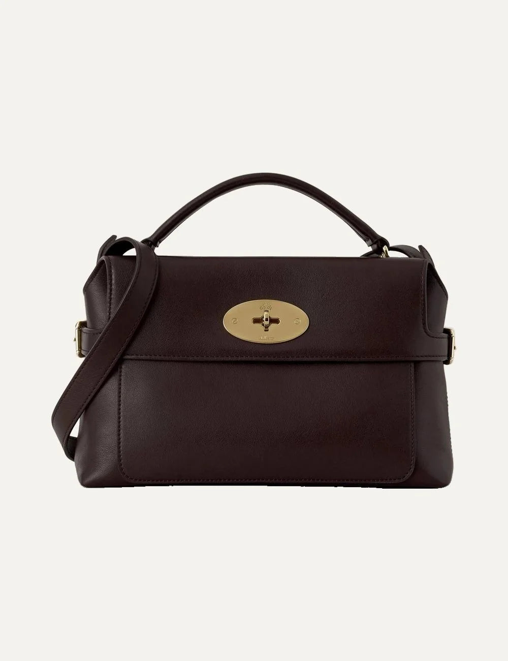 Mulberry women's dark brown top handle bag with structured silhouette, detachable shoulder strap, flap front pocket and gold-tone Postman's Lock.