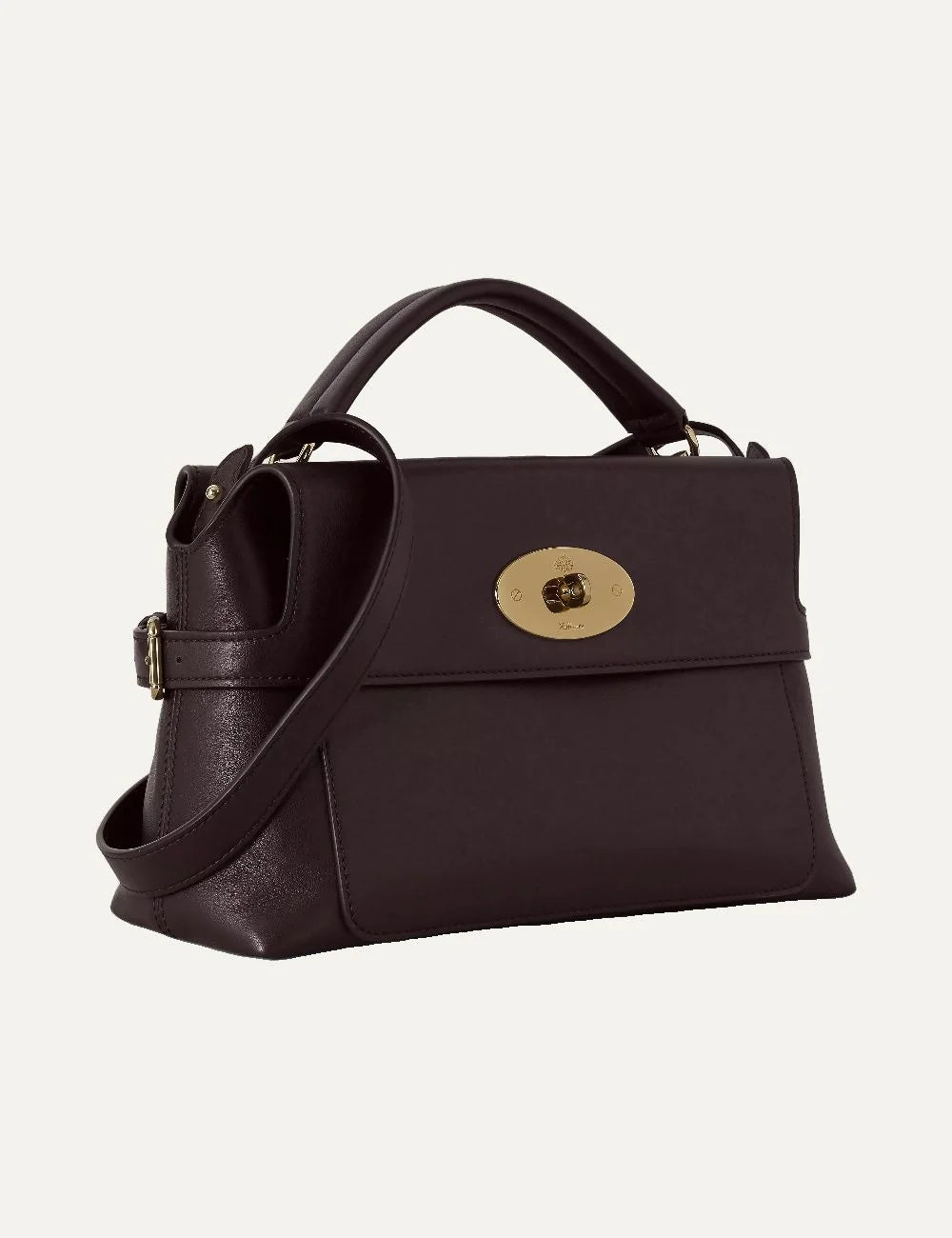 Mulberry women's dark brown top handle bag with structured silhouette, detachable shoulder strap, flap front pocket and gold-tone Postman's Lock side