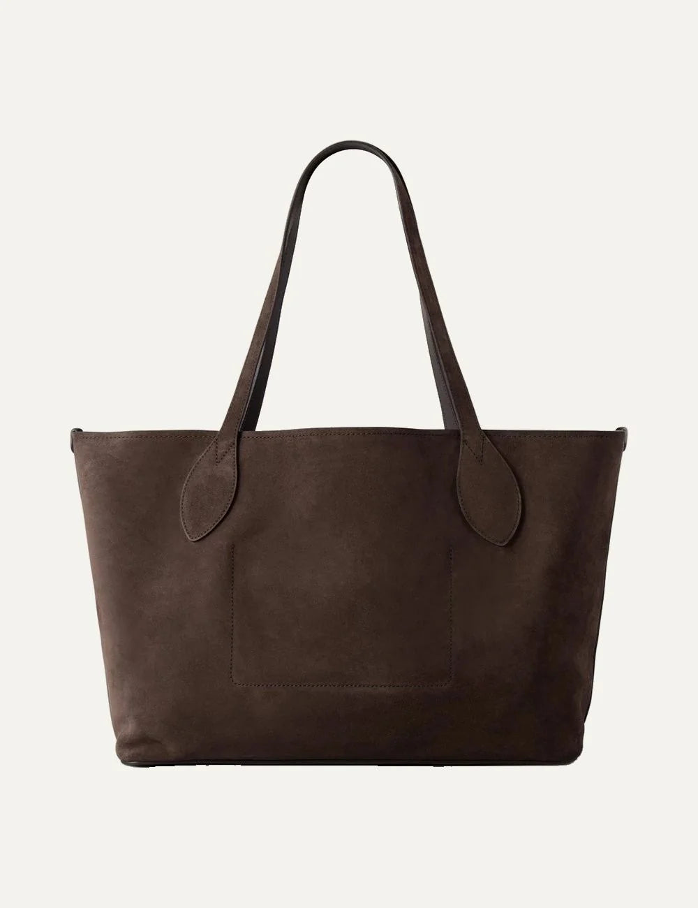 Mulberry women's dark brown suede tote bag with long shoulder handles and large tonal Mulberry Tree design on the front back