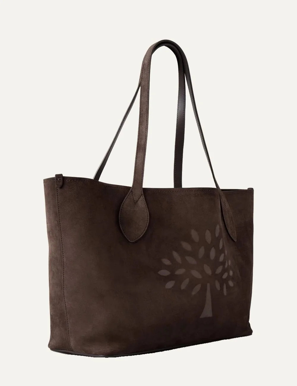Mulberry women's dark brown suede tote bag with long shoulder handles and large tonal Mulberry Tree design on the front side
