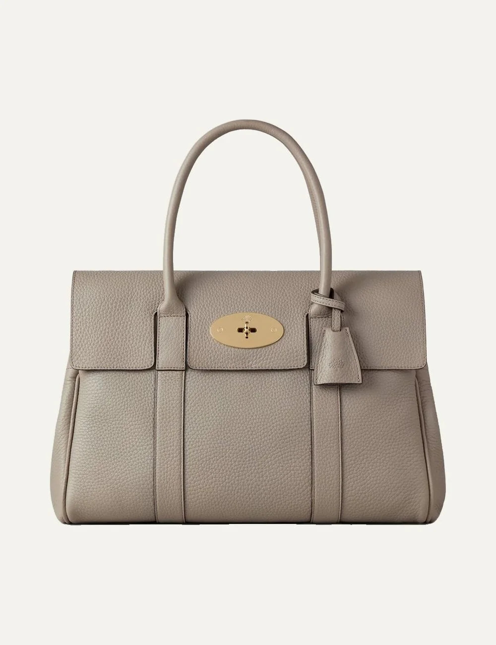 Mulberry women's light greige grained leather shoulder bag with double top handles, gold-tone Postman's Lock and hanging leather fob.