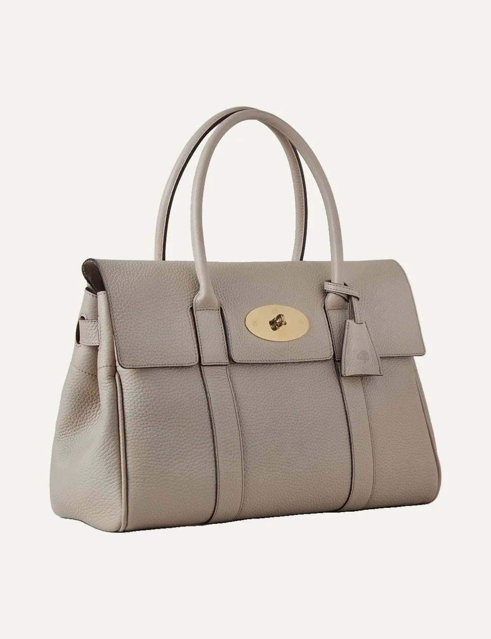Mulberry women's light greige grained leather shoulder bag with double top handles, gold-tone Postman's Lock and hanging leather fob side