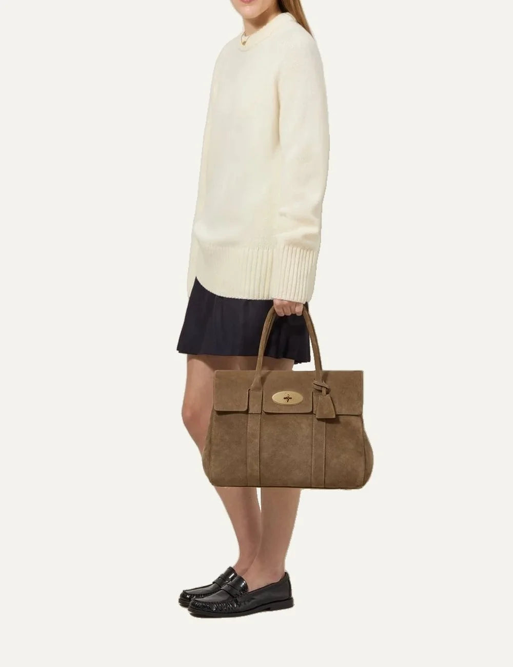 Mulberry women's taupe beige suede Bayswater shoulder bag with two long handles, gold-tone Postman's Lock closure and hanging leather fob model