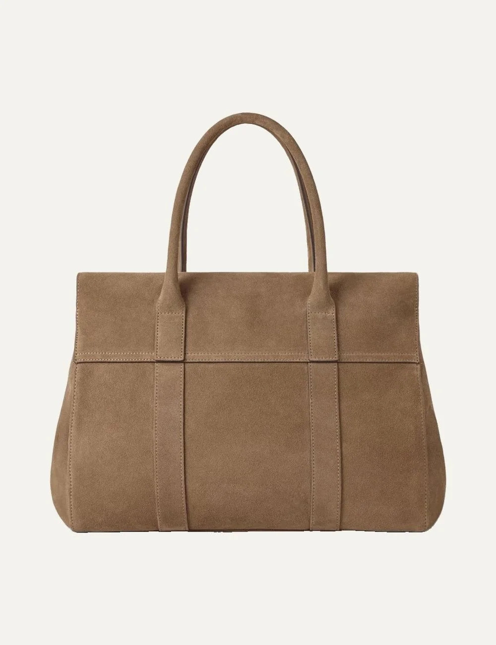 Mulberry women's taupe beige suede Bayswater shoulder bag with two long handles, gold-tone Postman's Lock closure and hanging leather fob back