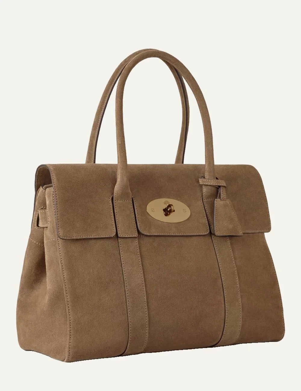 Mulberry women's taupe beige suede Bayswater shoulder bag with two long handles, gold-tone Postman's Lock closure and hanging leather fob side
