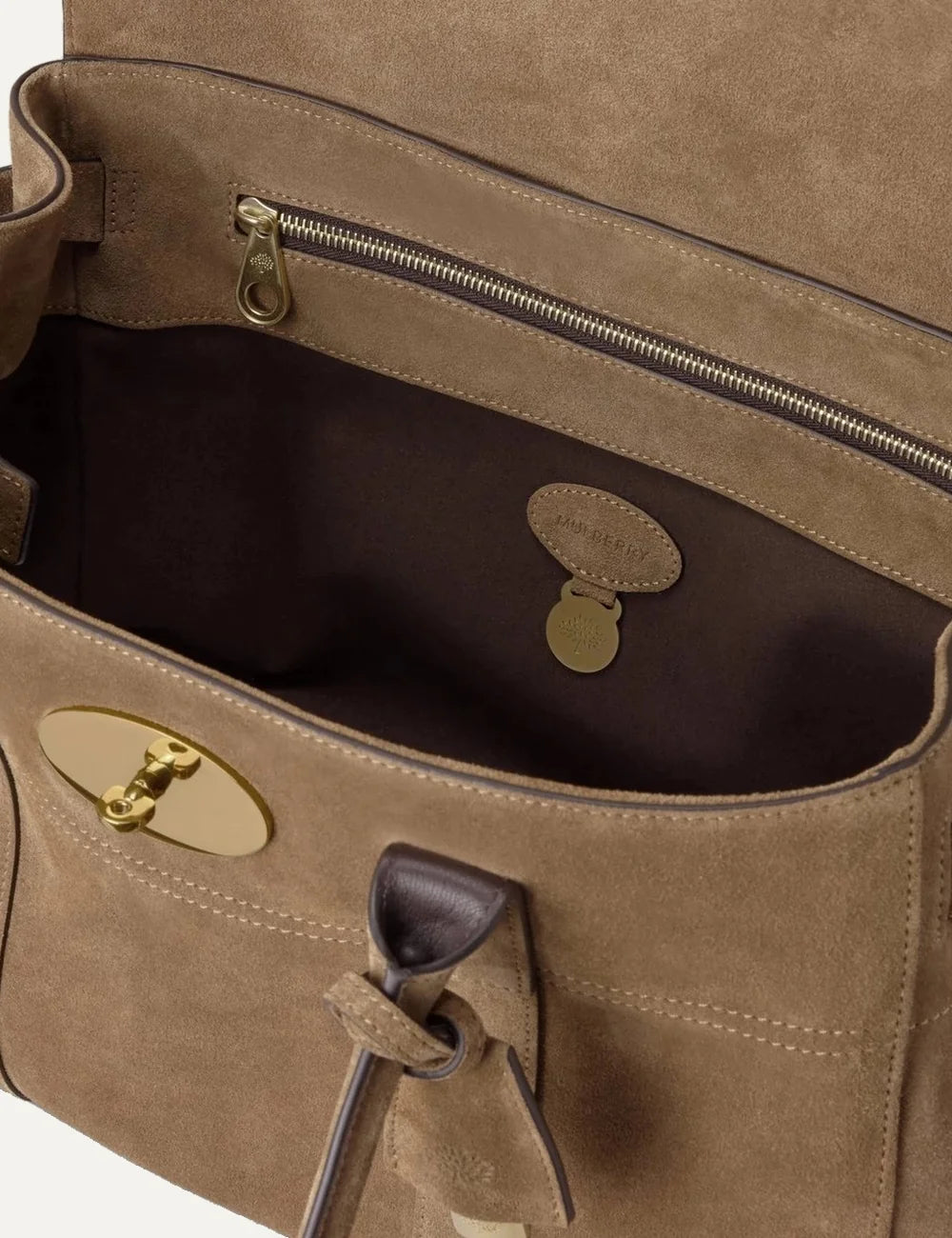 Mulberry women's taupe beige suede Bayswater shoulder bag with two long handles, gold-tone Postman's Lock closure and hanging leather fob top