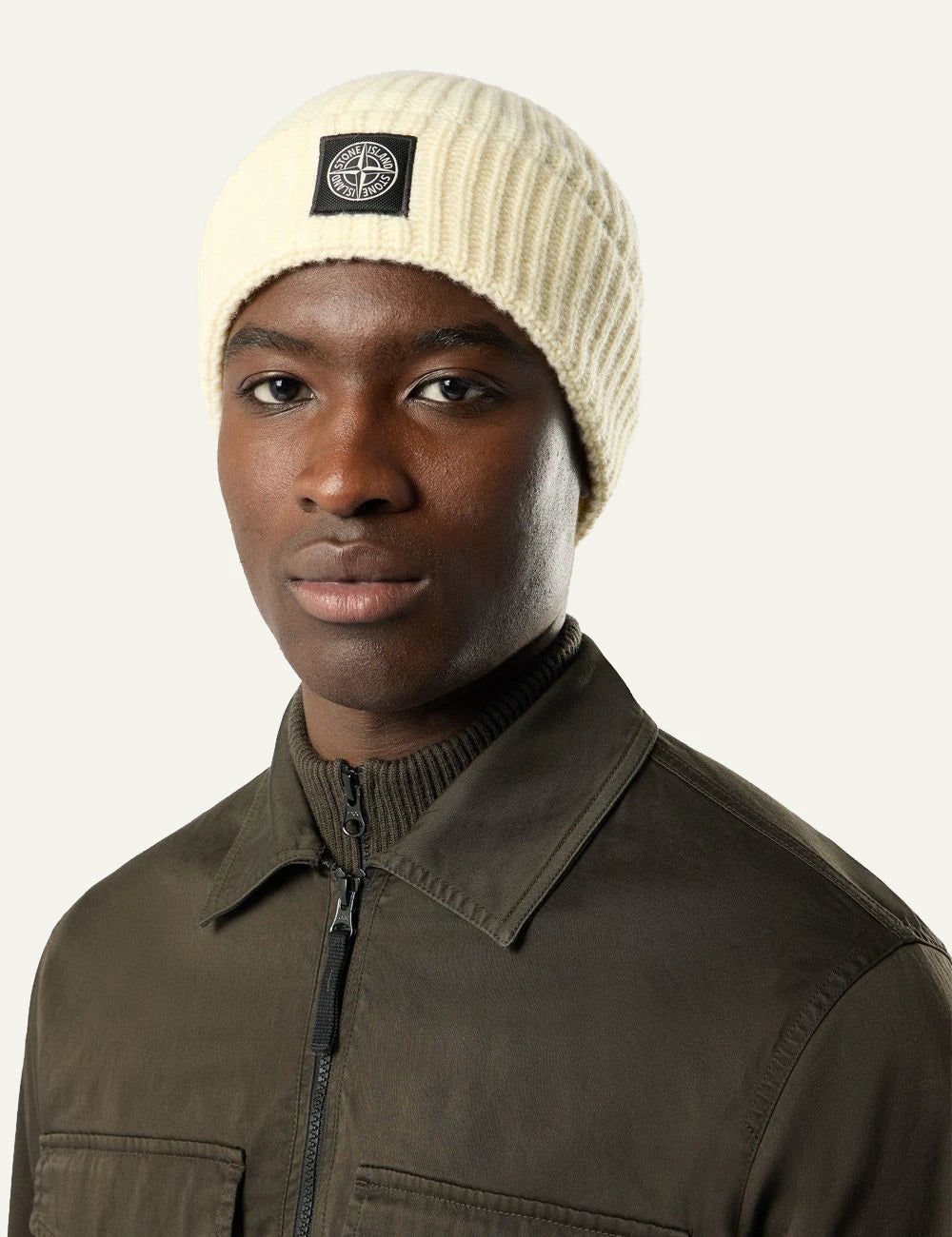 Men's Stone Island ivory RWS Geelong wool knit beanie with Compass logo patch model