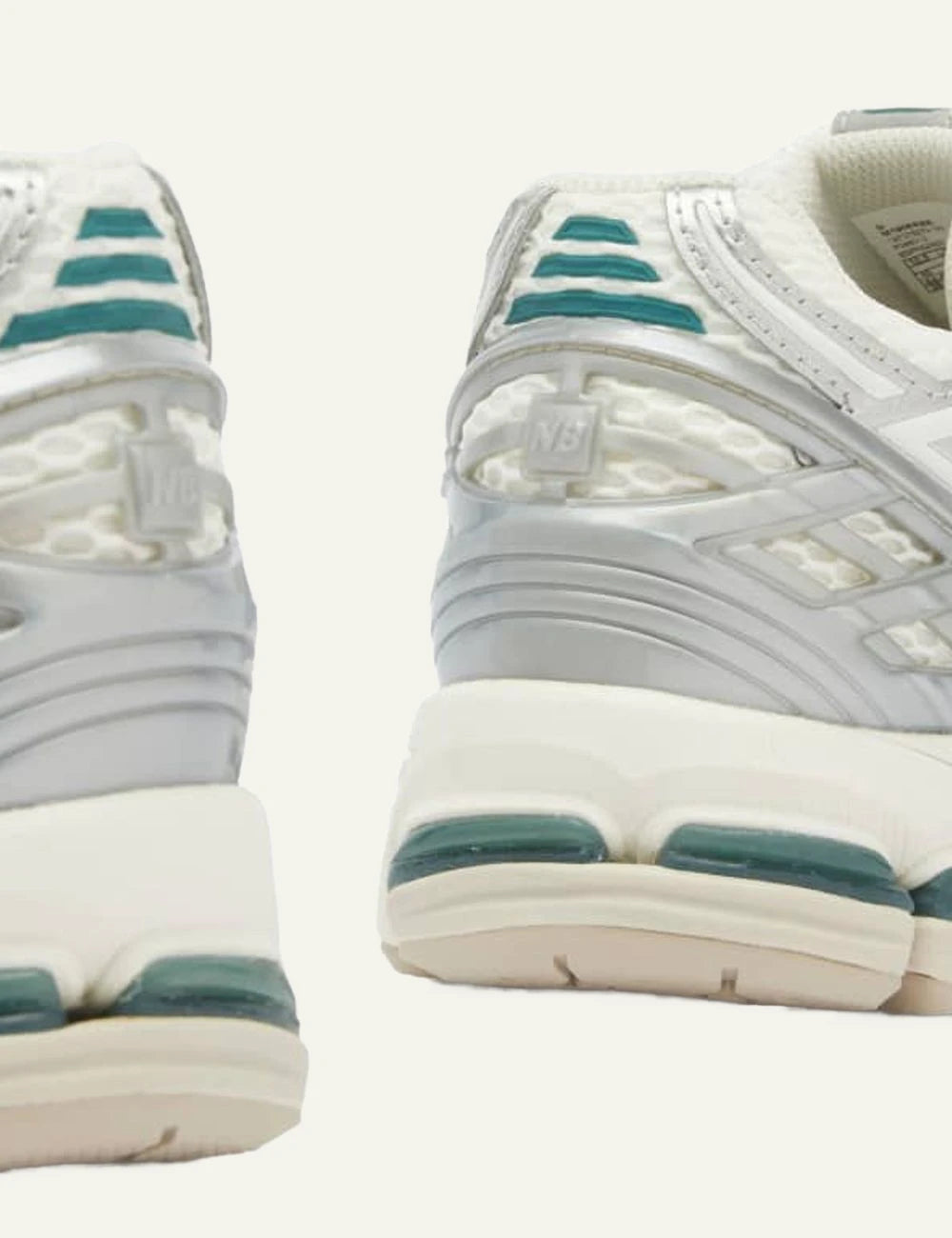 New Balance 1906 white silver mesh sneakers with green logo back view