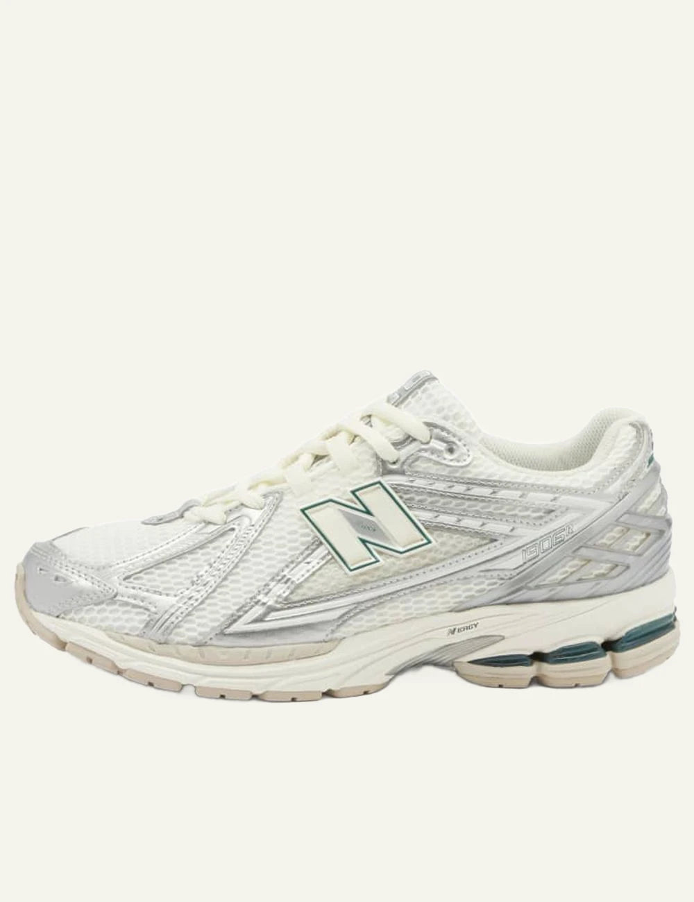 New Balance 1906 white silver mesh sneakers with green logo side 2 view