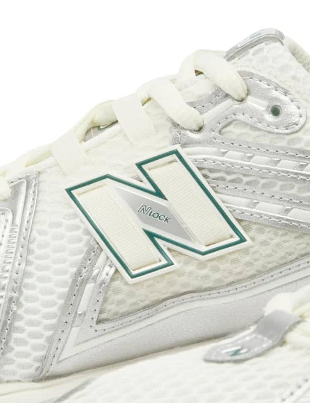 New Balance 1906 white silver mesh sneakers with green logo view