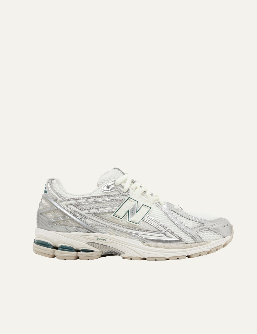 New Balance 1906 white silver mesh sneakers with green logo side view
