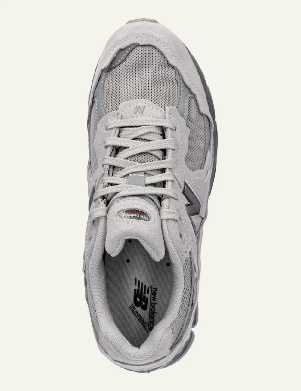New Balance 2002R grey suede mesh sneakers top view