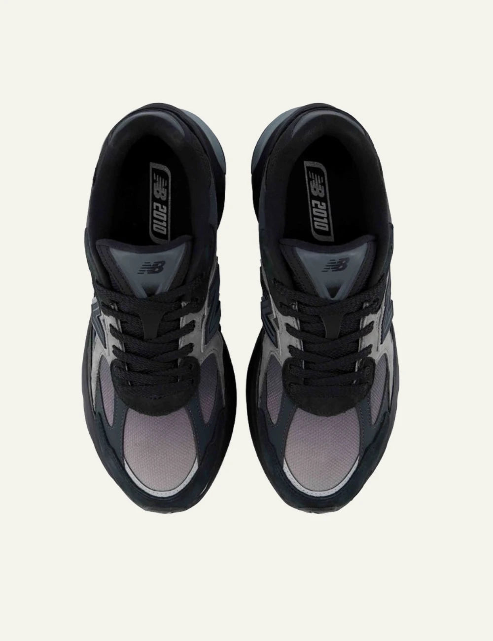 New Balance 2010 men's black mesh and suede sneakers with dark green details top view
