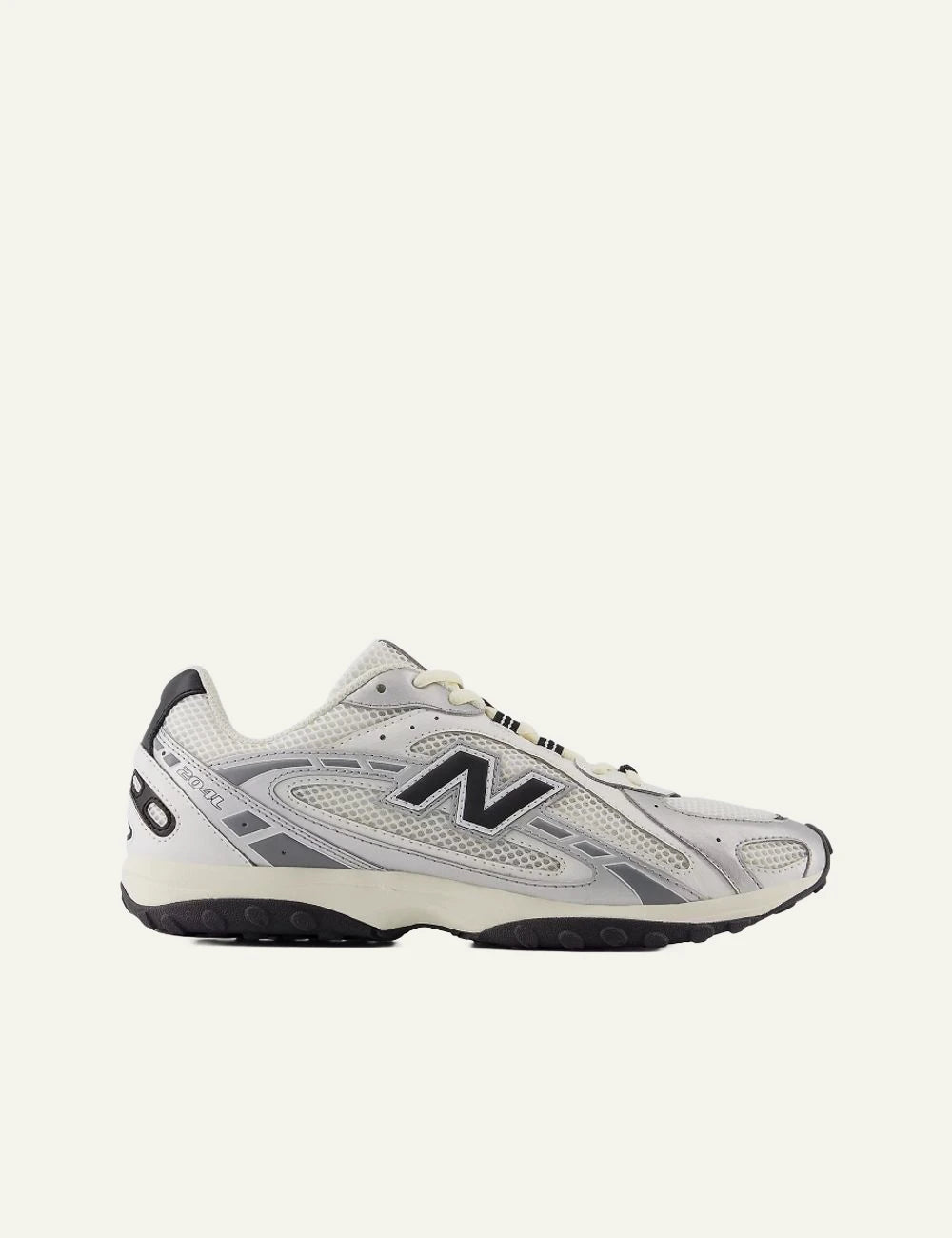New Balance 204L white grey mesh sneakers with black N logo side view
