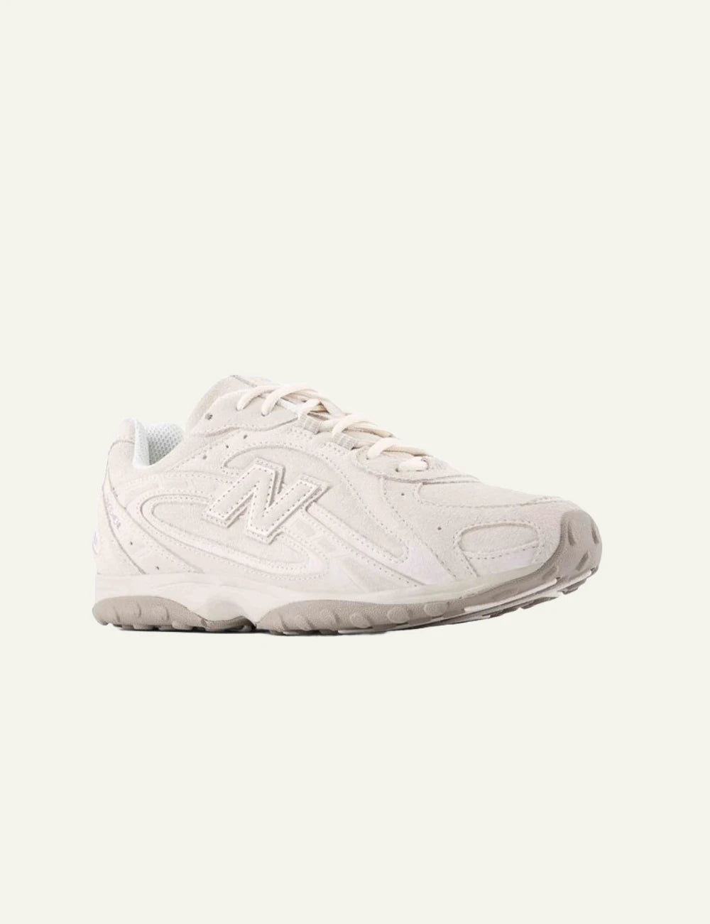 New Balance 204L women's off-white suede low profile sneakers front angle view