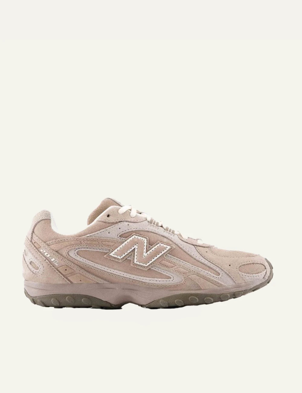 New Balance 204L women's taupe suede low profile sneakers side view