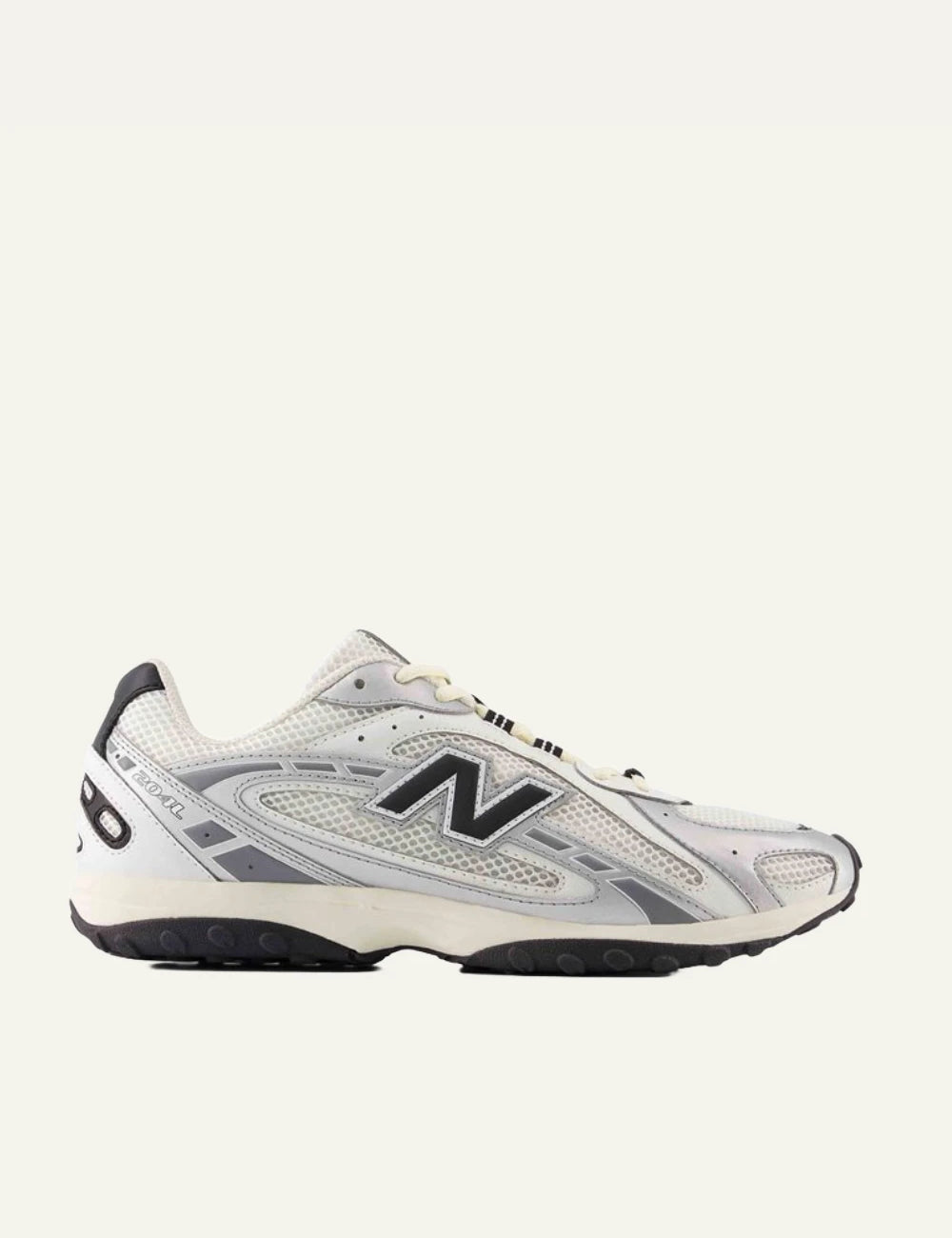 New Balance 204L women's white low profile sneakers with silver details side view