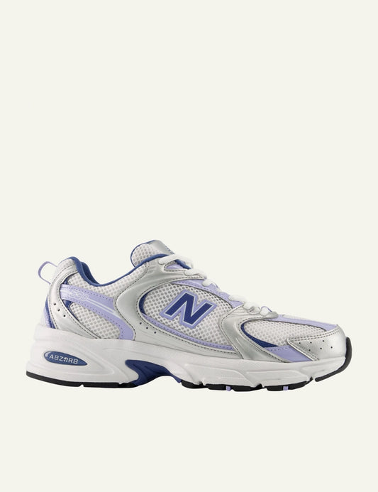 New Balance 530 sneakers white lilac silver mesh running style side view