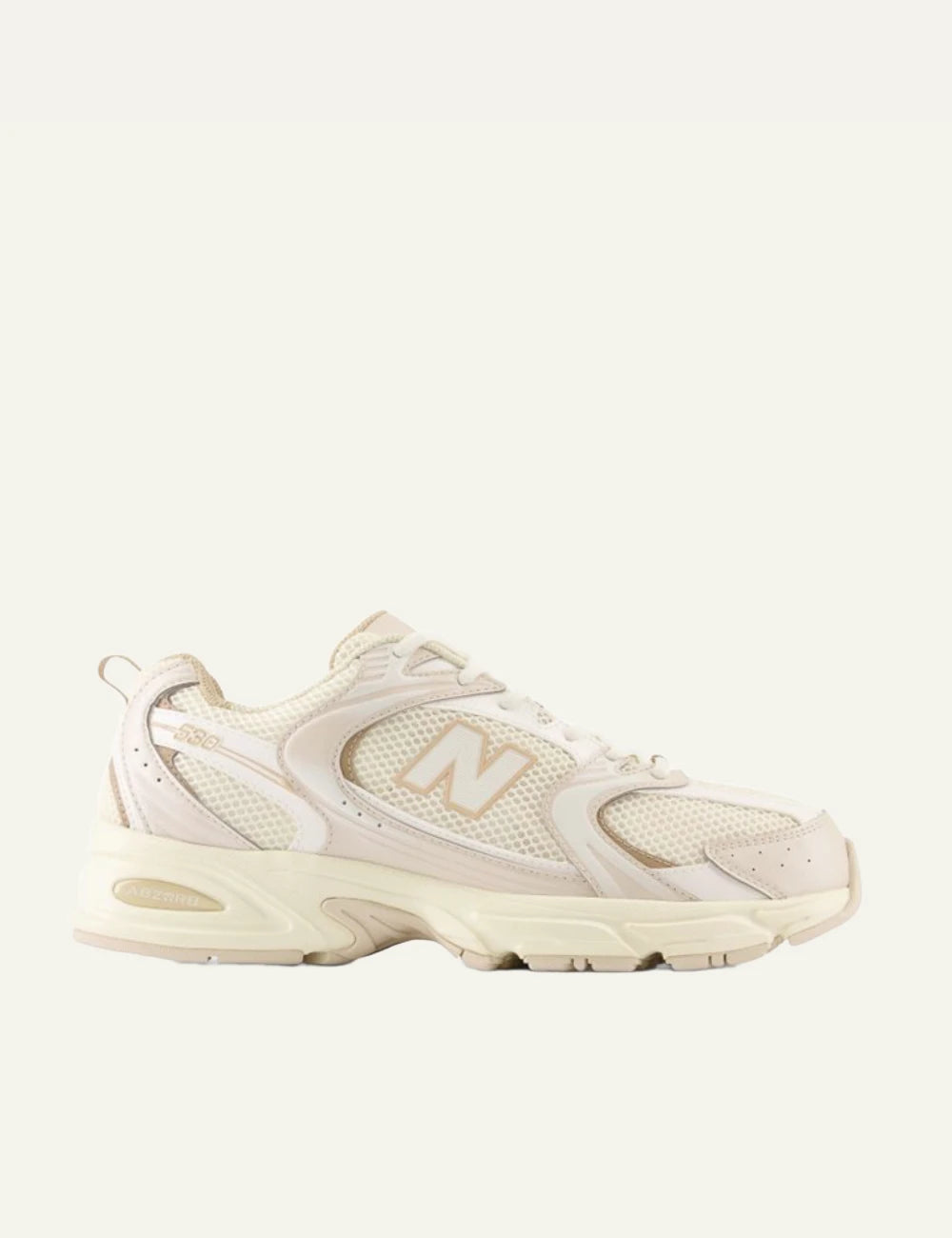 New Balance 530 women's cream mesh sneakers with beige details side view