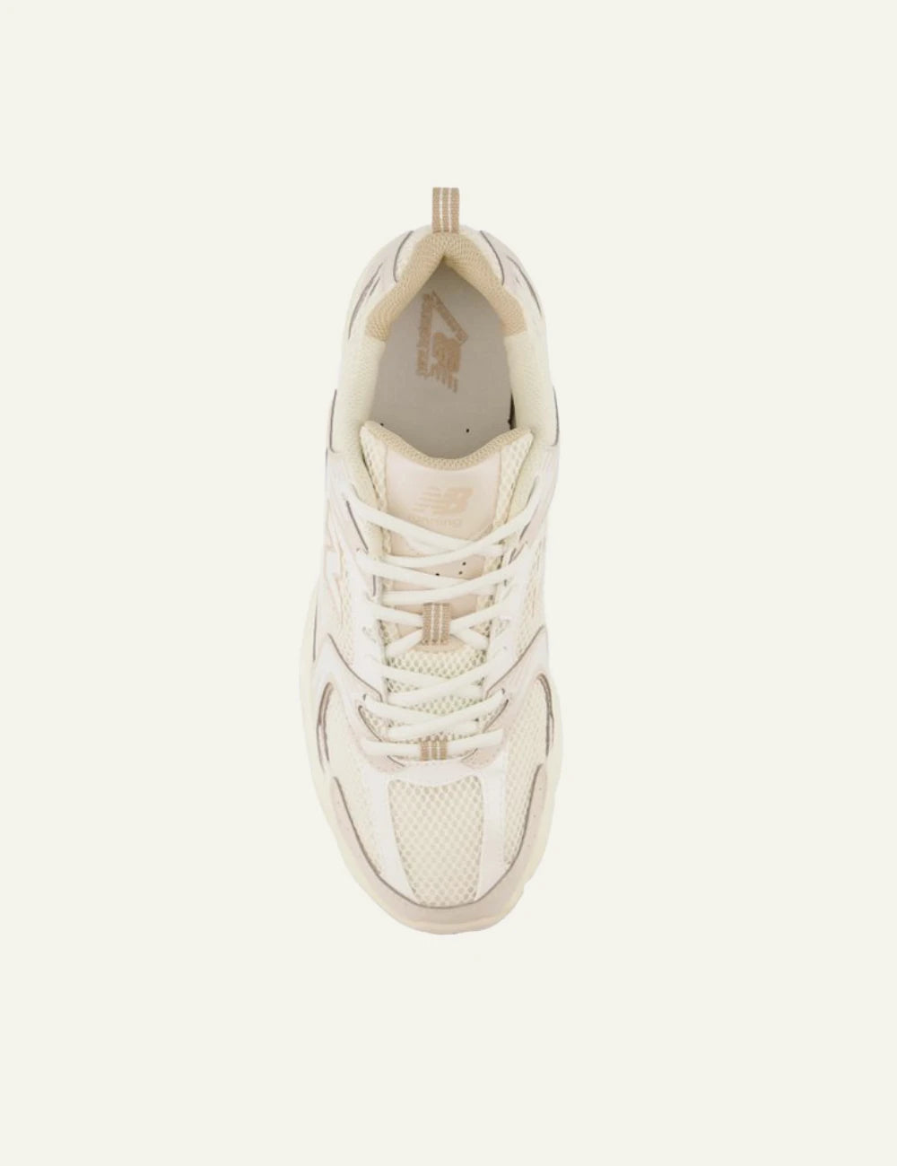 New Balance 530 women's cream mesh sneakers with beige details top view